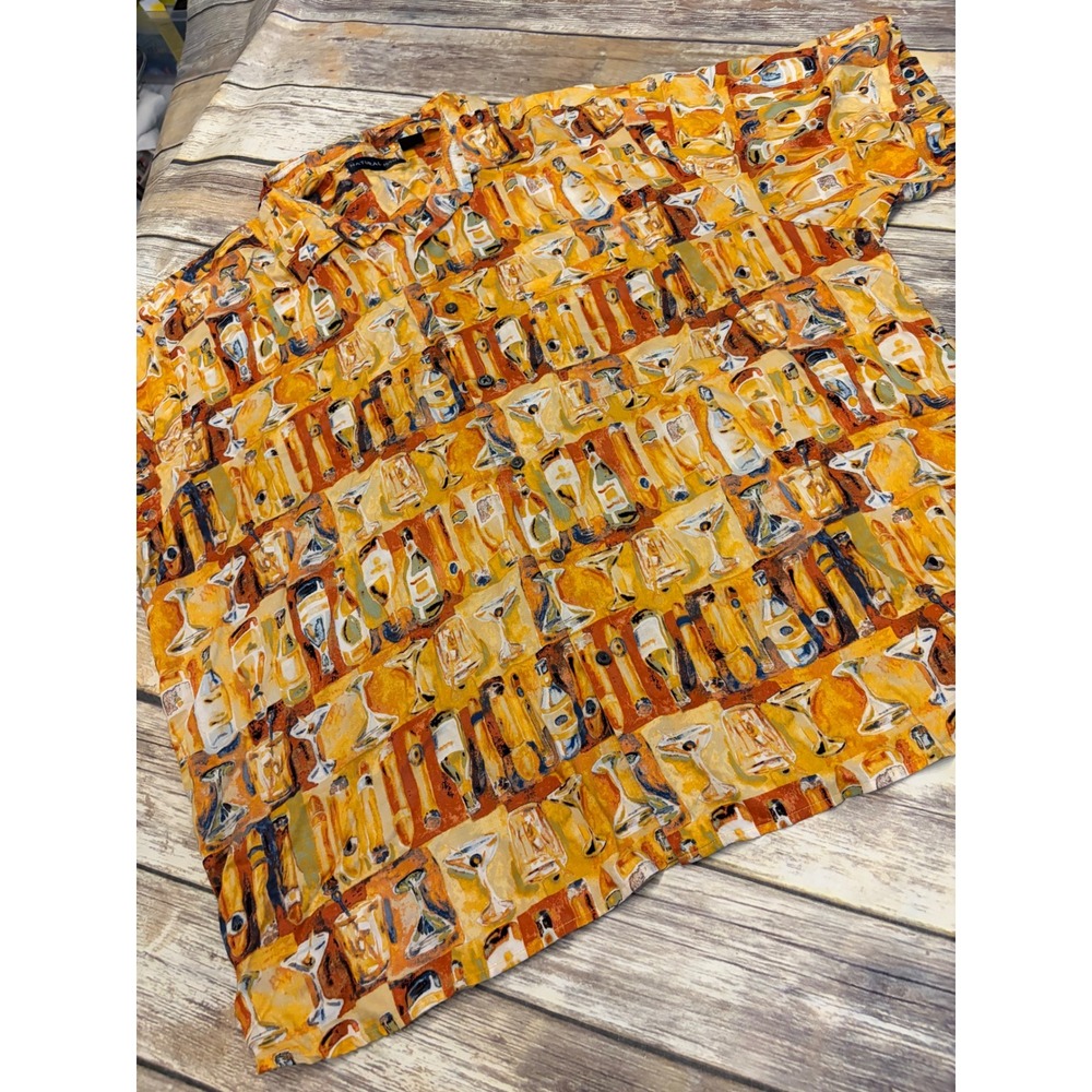 Natural Issue Mens XXL Orange Cocktail Martini Cigar Print Short Sleeve Button